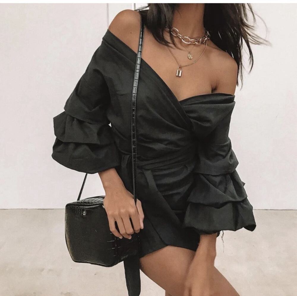 Lioness Cha Cha Wrap Mini Dress Women's M Black Off Shoulder Cocktail Party